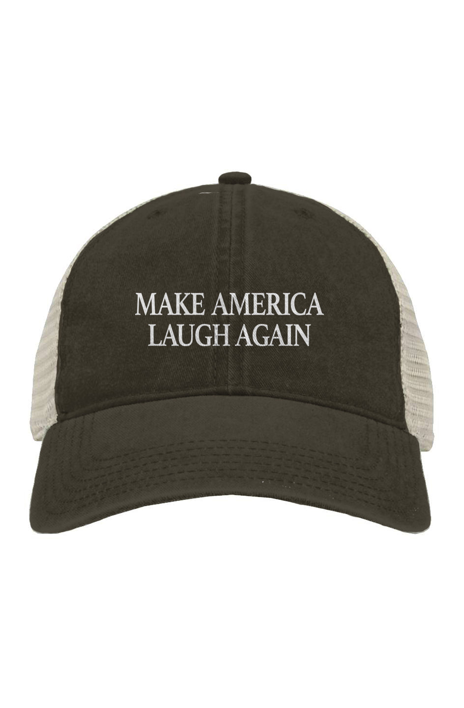 pigment-dyed trucker hat - make america laugh again