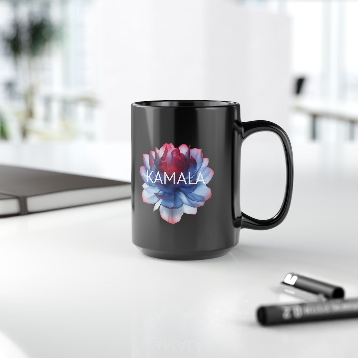 15oz Black Ceramic Mug - Kamala Flower 2